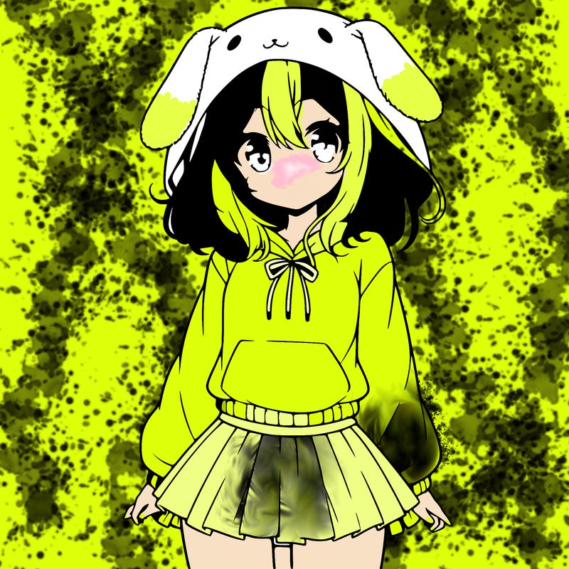pretty anime girl wearing a fluffy hoodie with bunny ears on the hood and a skirt