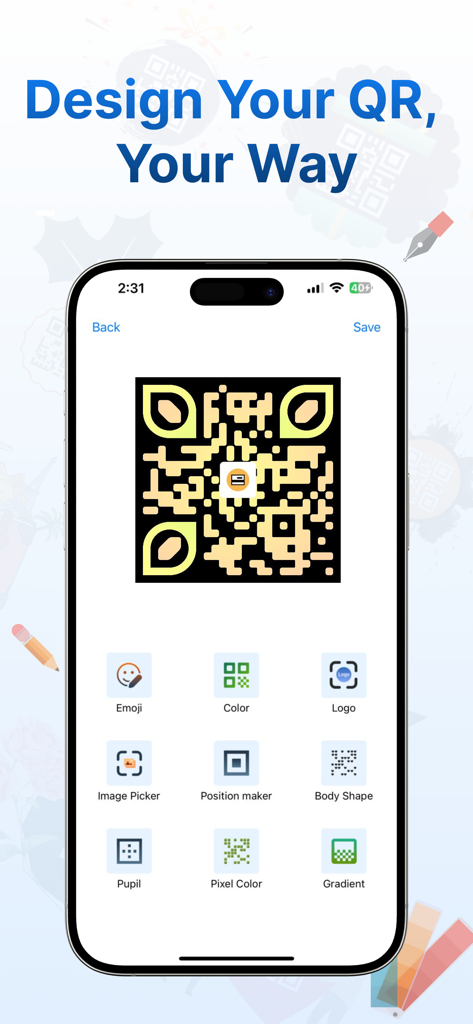 QR Maker: QR Creator & Scanner - Customization screen of QR Maker app showing design options for color logo and shape to create branded QR codes