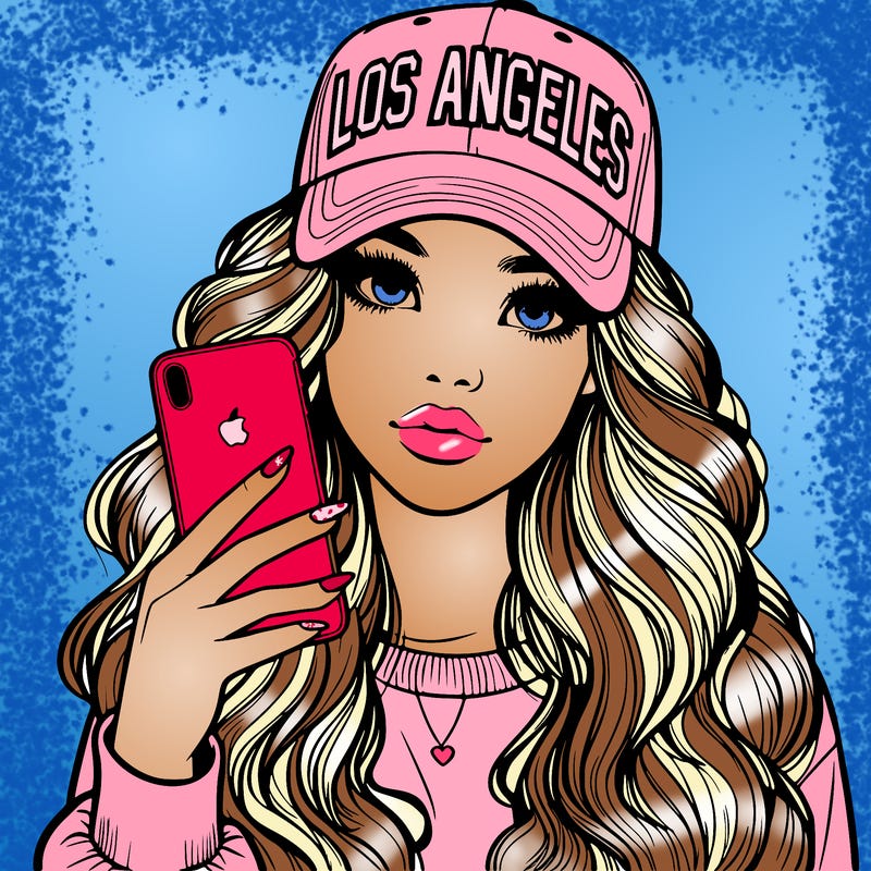 realistic beautiful girl wearing los ángeles cap holding an iphone