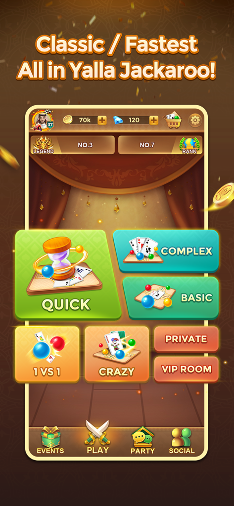 Yalla Jackaroo mobile game lobby showing multiple game modes like Quick Complex and Basic
