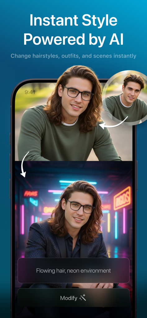 Image Generator - Photix - AI image generator showing hairstyle and background modification with a text prompt
