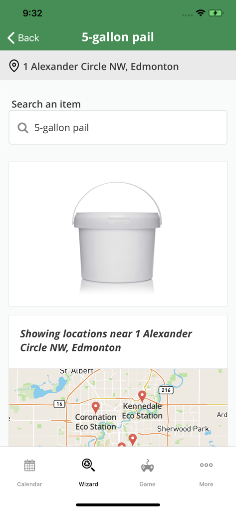 Edmonton Waste Wise App mit Suchergebnissen für einen 5-Gallonen-Eimer und einer Karte von nahegelegenen Ökostationen zur Entsorgung