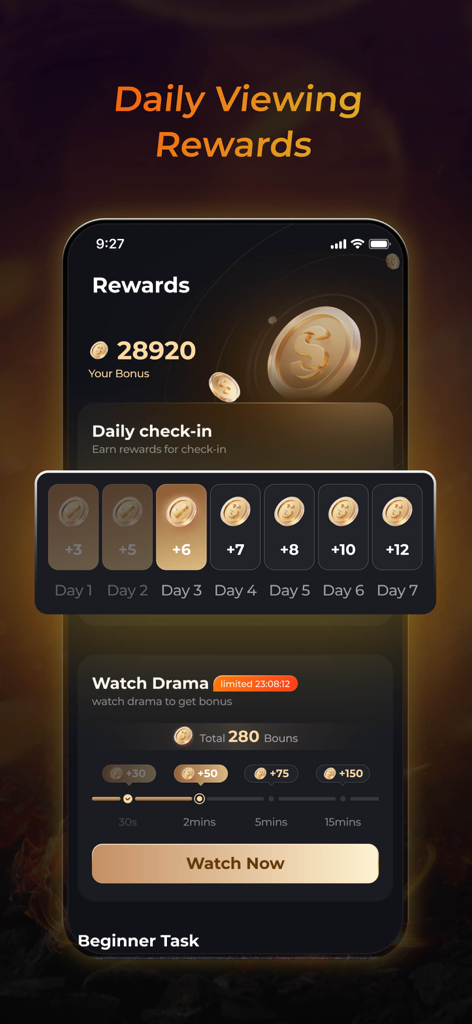 ShortMax app rewards screen showing daily check in tasks and bonus coins for watching short dramas