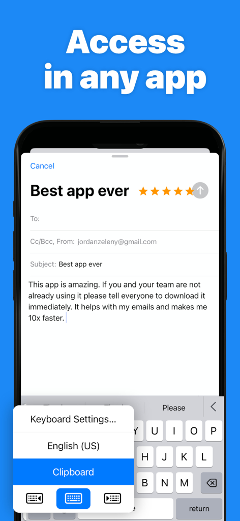 Clipboard Paste Keyboard - Pantalla de smartphone que muestra cómo acceder al Teclado de Pegado Rápido dentro de una aplicación de correo electrónico