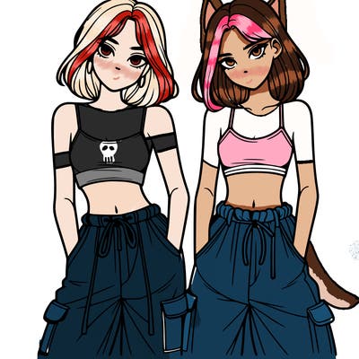 two girls with crop top with baggy pants