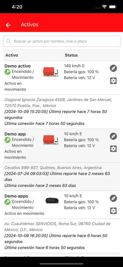 Claro Móvil - Una lista de vehículos rastreados que muestran su velocidad y estado de la batería en la app Claro Movil