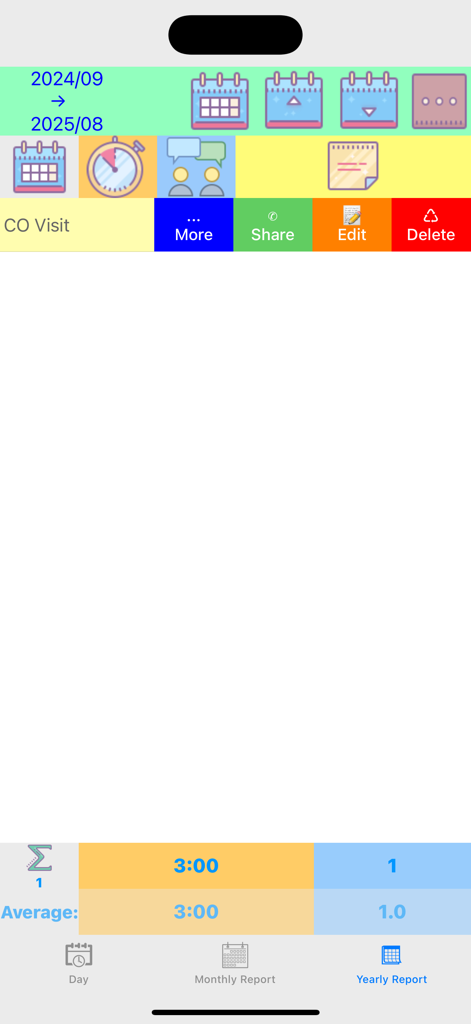 Yearly summary screen of the Ministry Service Report app showing preaching hours and bible study statistics