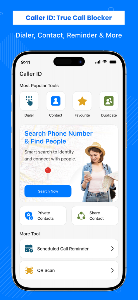 Caller ID: True Call Blocker - Panel principal de la aplicación Caller ID que muestra un marcador inteligente, herramientas de gestión de contactos y recordatorios de llamadas programadas.