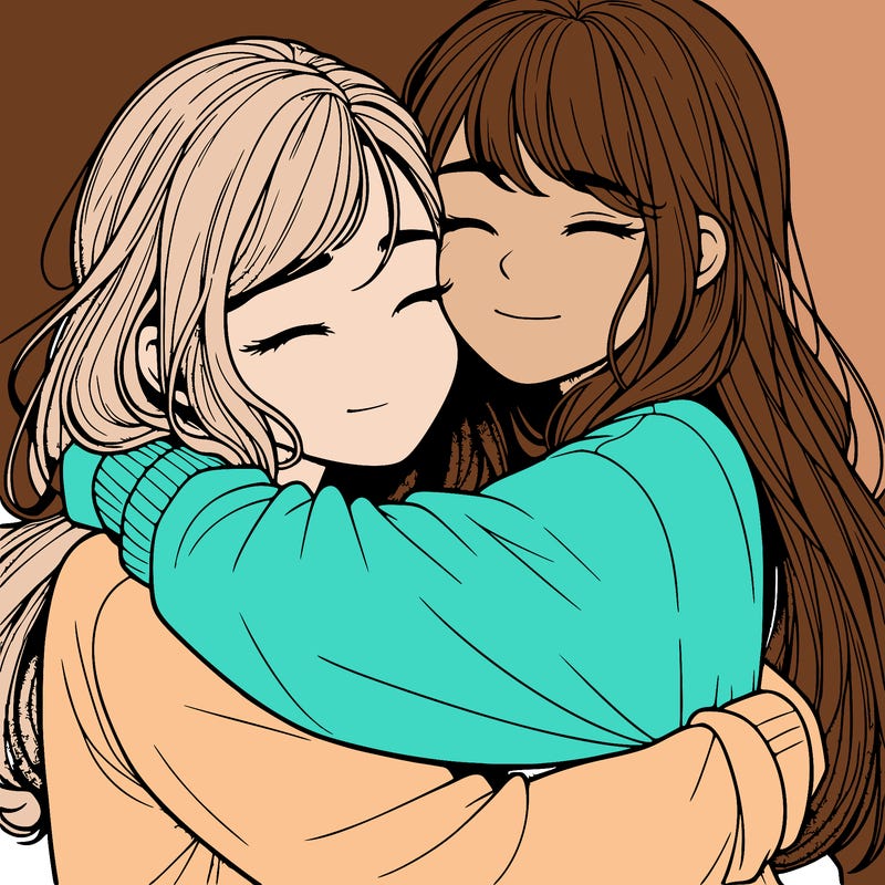 realistic two girls hugging