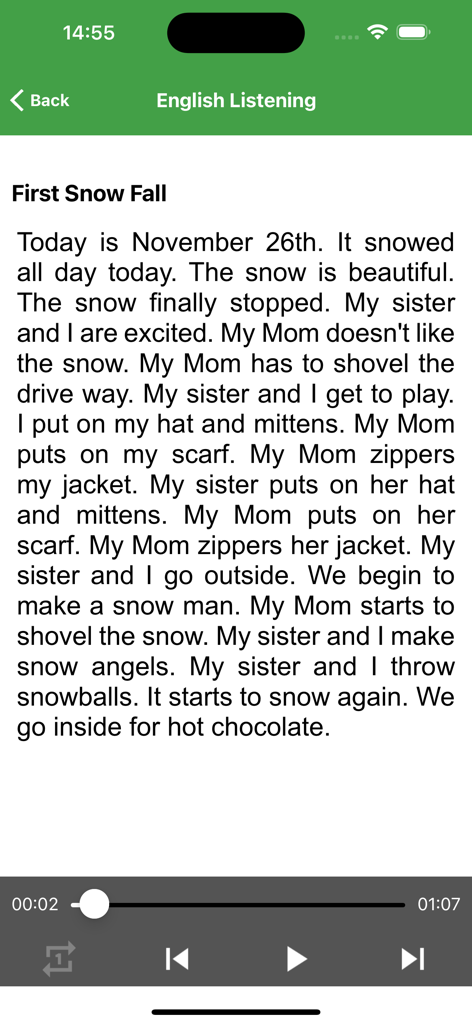 Learn English Listening - Interfaz de la aplicación Learn English Listening mostrando un texto de cuento corto con controles de reproducción de audio