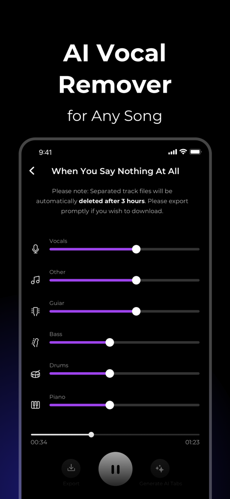 Lamucal app interface showing AI vocal remover and multi-track separation sliders for vocals, guitar, bass, drums, and piano