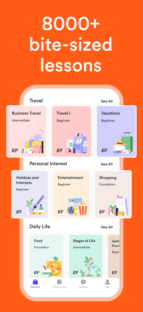 Interface of the EF Hello app showing over 8000 bite-sized lessons across categories like travel personal interest and daily life.
