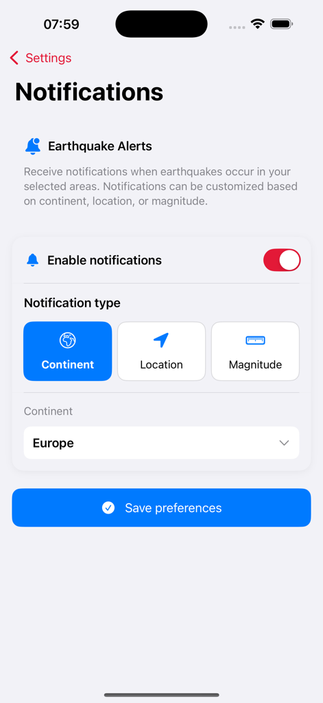 Notification settings interface for earthquake alerts with customizable filters for location and magnitude