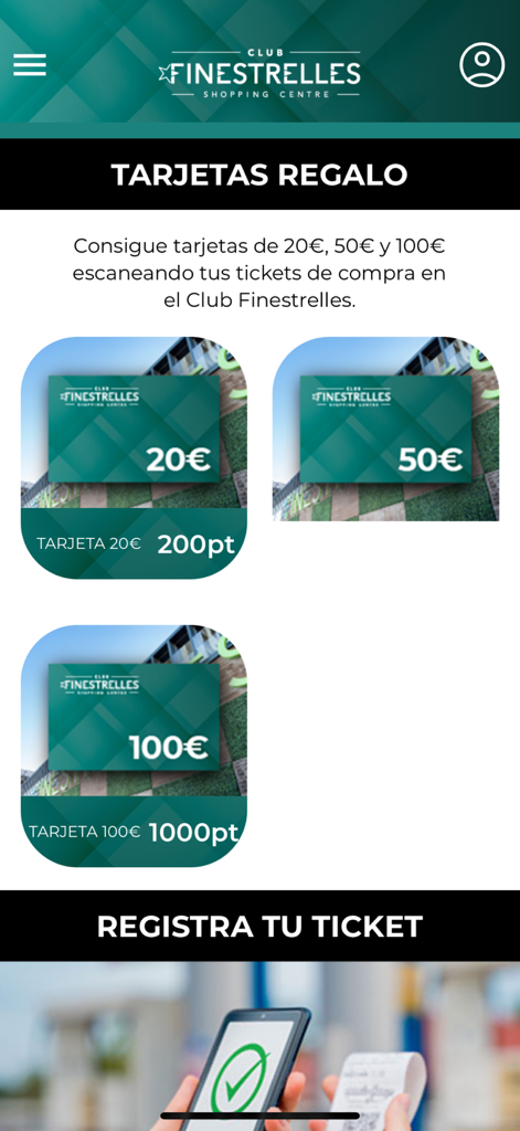 Finestrelles - Finestrelles Shopping Centre app screen showing gift card rewards of twenty, fifty, and one hundred euros based on accumulated points.