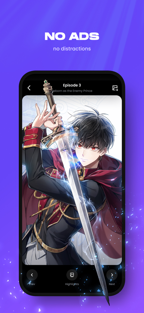 Manta app interface displaying a comic chapter titled Reborn as the Enemy Prince with a No Ads message.