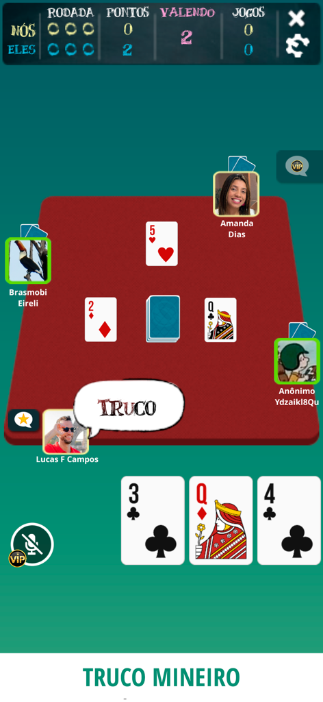 Truco Brasil - Truco online - Una partida online de cuatro jugadores de Truco Mineiro dentro de la aplicación móvil Truco Brasil