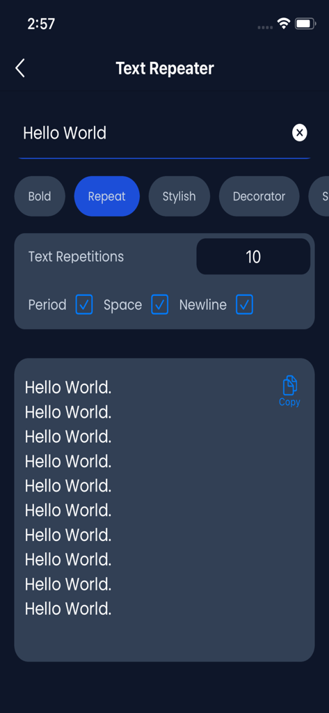 Stylish Text Generator App - Mobile interface of the Text Repeater feature in the Stylish Text Generator App displaying repeated text for social media