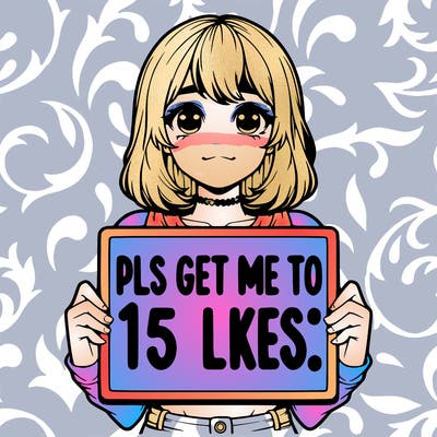 realistic girl holding up a sign that says “pls get me to 15 likes!”