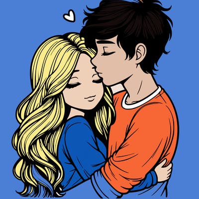a realistic couple boy and girl hugging and kissing