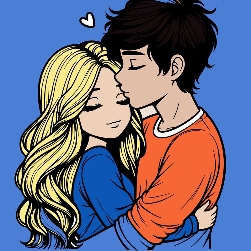 a realistic couple boy and girl hugging and kissing