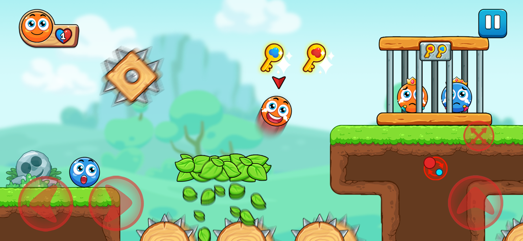 Red and Blue: Ball Heroes - Red and blue ball characters jumping over obstacles in a colorful puzzle platformer game.