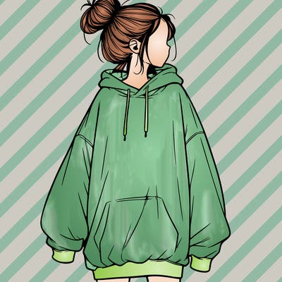 realistic girl with a oversized sweatshirt on and a bun