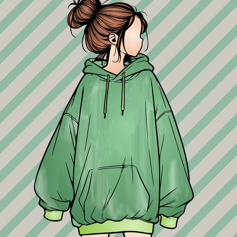 realistic girl with a oversized sweatshirt on and a bun