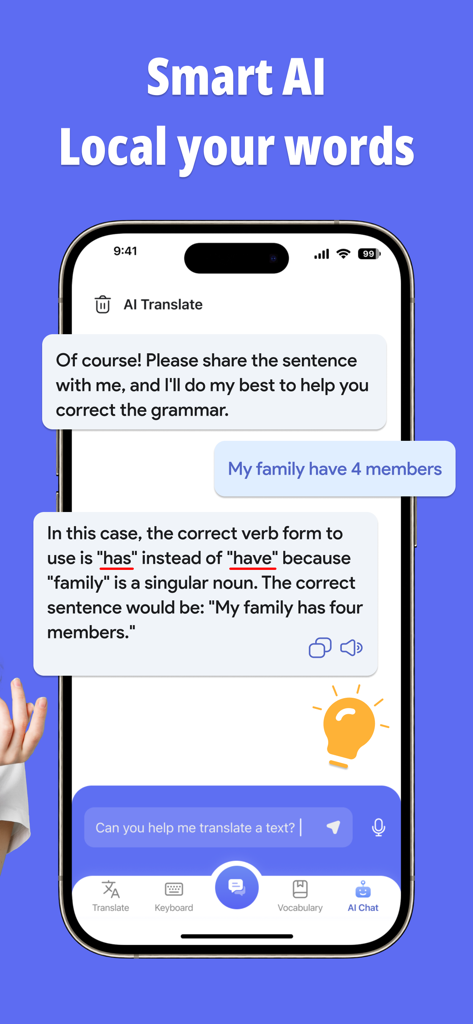 AMO translator, Translate all - AMO Translator app interface showing an AI chat feature correcting English grammar