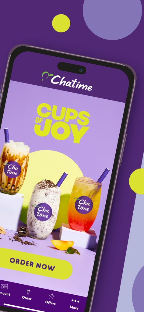 Chatime Australia - Chatime Australiaアプリのホーム画面。カラフルなバブルティーと「今すぐ注文」ボタンが表示されています。