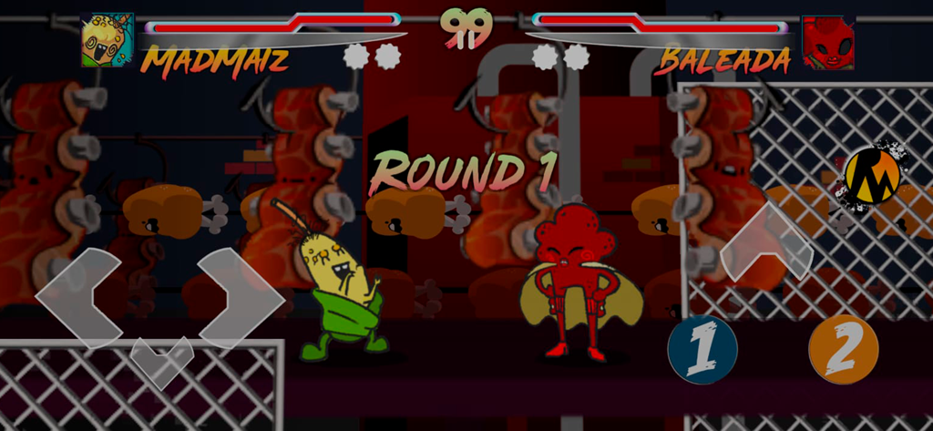 RompeMesas - Captura de pantalla del juego del 'brawler' de comida RompeMesas con los personajes MadMaiz y Baleada al comienzo de la primera ronda.