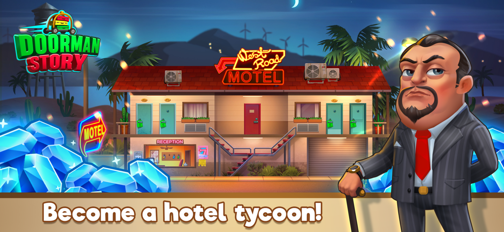 A tycoon character standing in front of a roadside motel with the text Become a hotel tycoon
