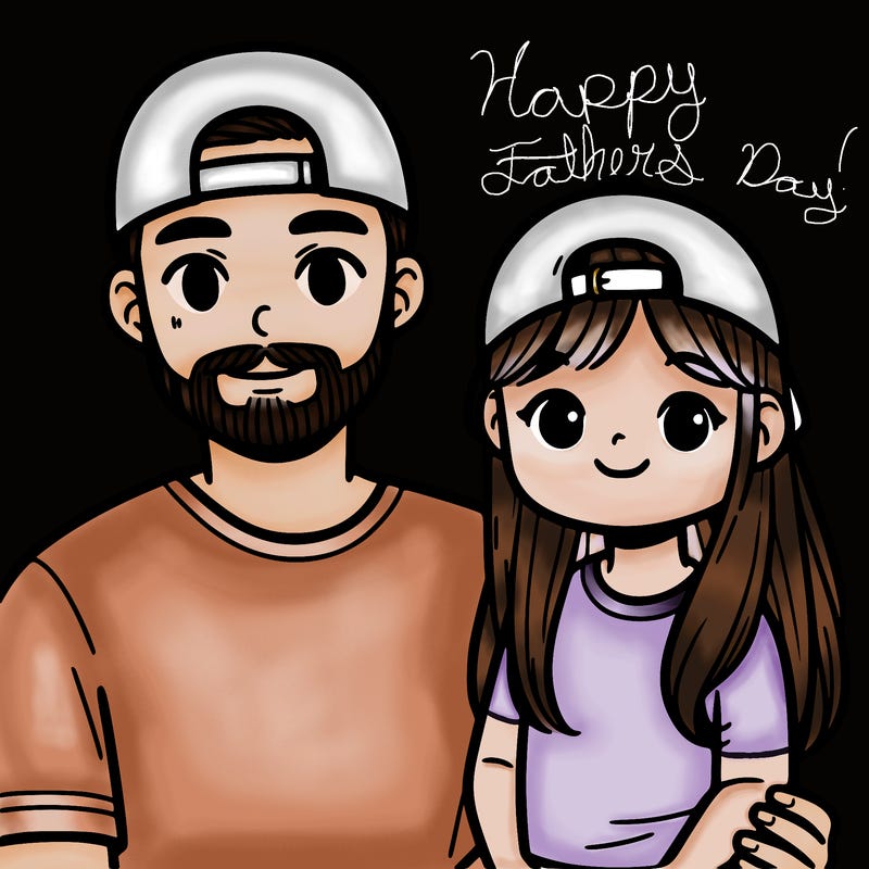 father with a backwards hat and a buzz cut and daughter with long hair