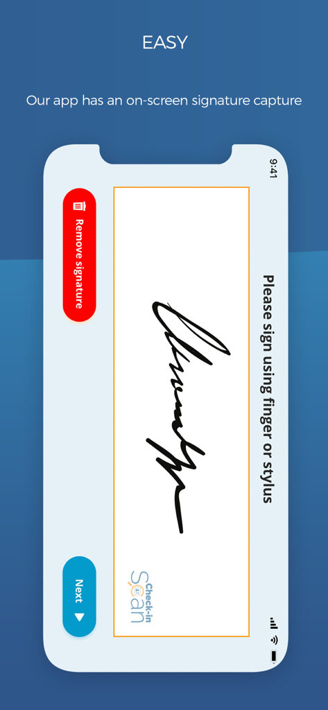 Check-in Scan - Pantalla de captura de firma digital en la aplicación móvil Escaneo de Check-in