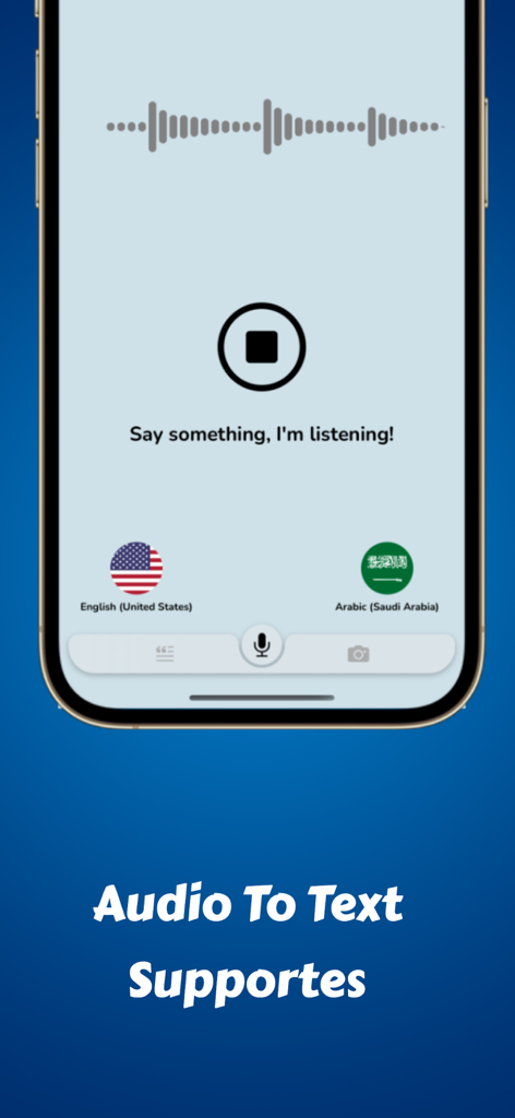 Language Translator Converter - Una pantalla de teléfono inteligente que muestra la función de traducción de voz a texto en la aplicación Traductor de Idiomas