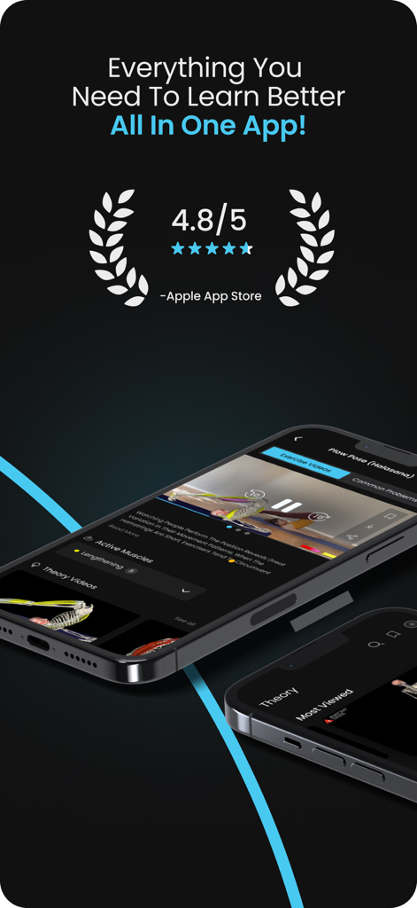 Yoga by M&M app promotional screen showing a 4.8 star rating and 3D anatomical yoga pose videos on a smartphone