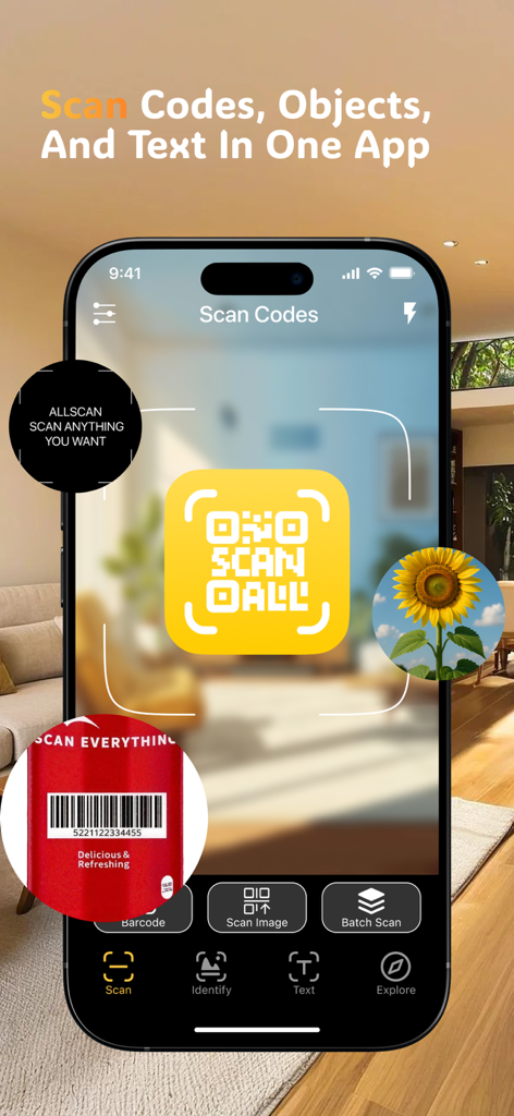 AllScan – QR & Barcode Reader - AllScan app interface showing scanning of QR codes, barcodes, and objects on an iPhone