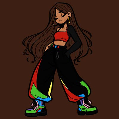 girl in baggy pants crop top and long hair