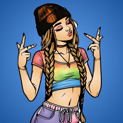 realistic teenage girl with braids and a beanie and crop top doing 🫶🏼