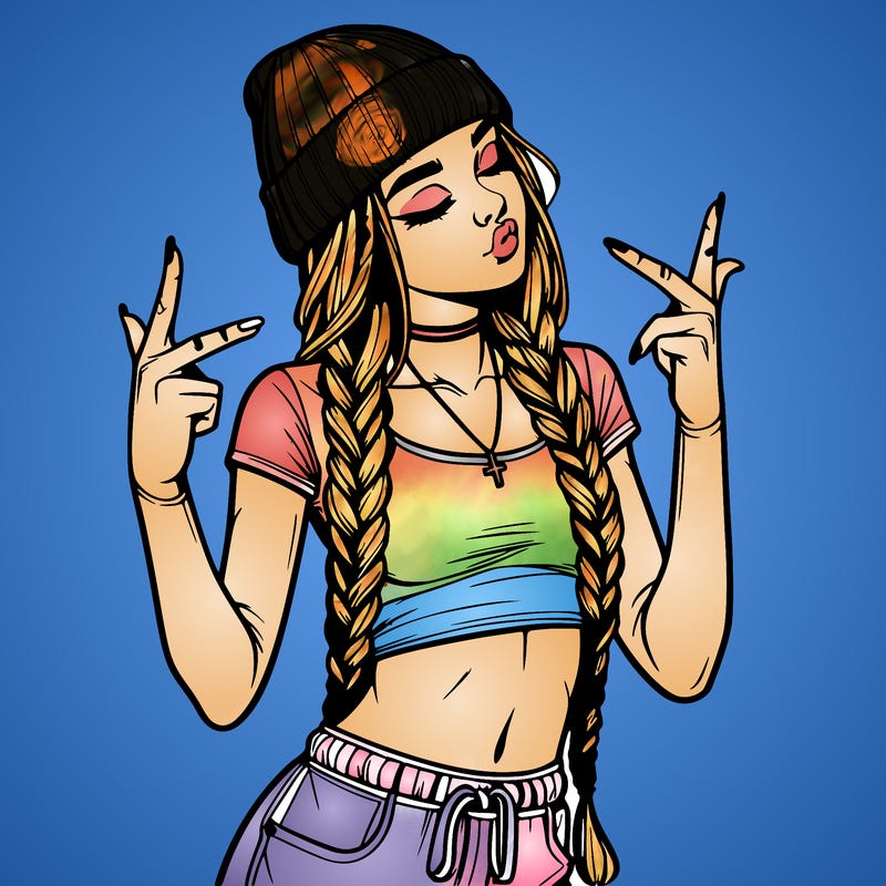 realistic teenage girl with braids and a beanie and crop top doing 🫶🏼