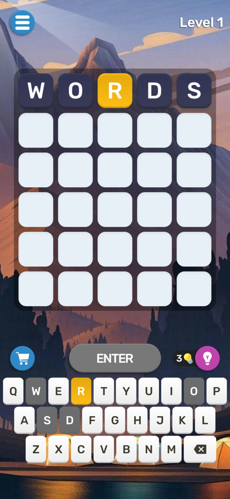 Word Mind mobile app showing a five letter word puzzle challenge