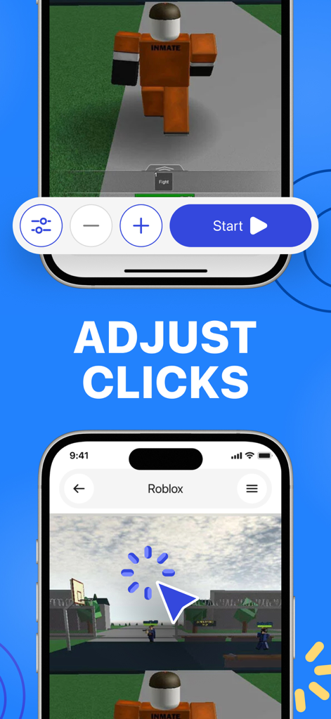 Auto Clicker: Click Automatic - Interface of the Auto Clicker app showing click adjustment settings for Roblox gameplay on a mobile phone.