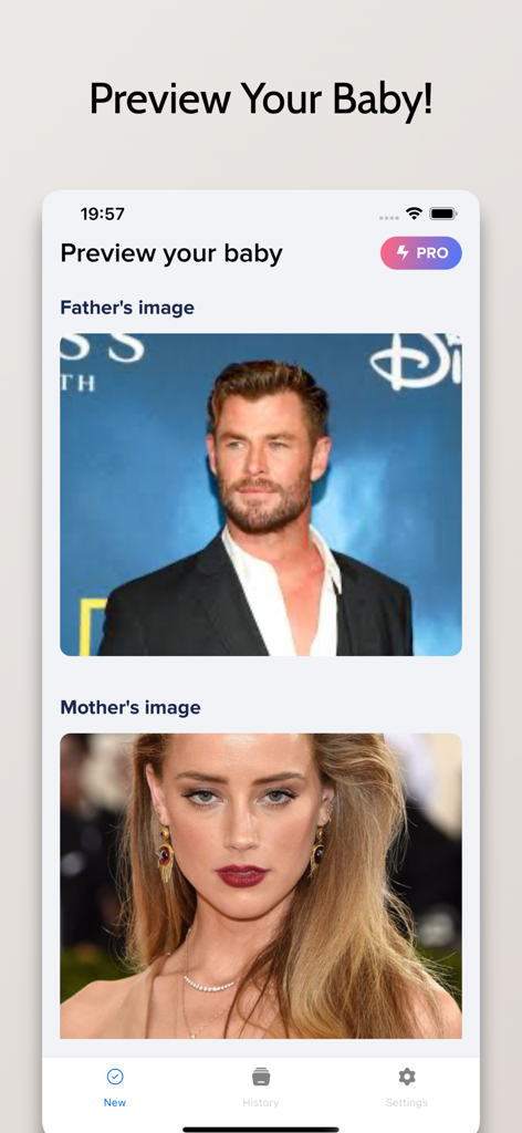 Interfaz de la app Generador de Bebés con secciones para fotos del padre y la madre.