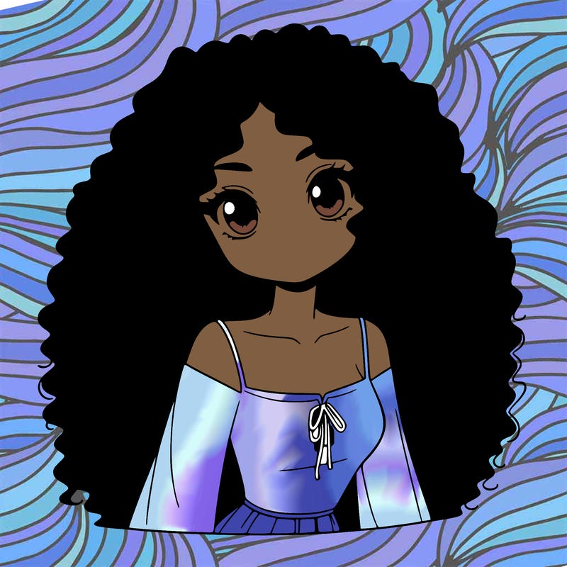 a black anime girl with long afro hair