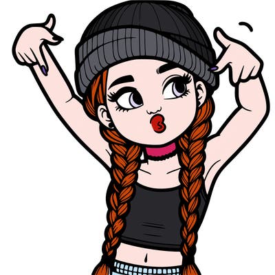 realistic teenage girl with braids and a beanie and crop top doing 🫶🏼