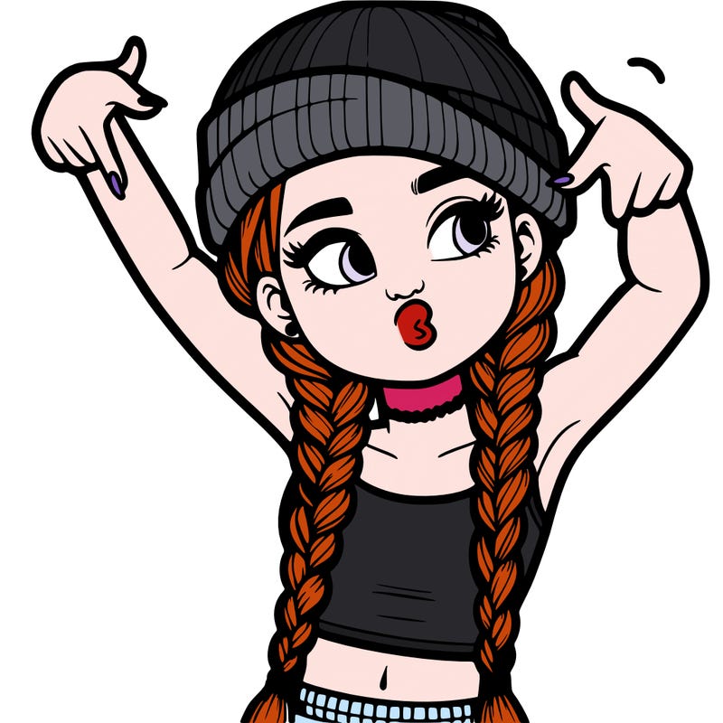 realistic teenage girl with braids and a beanie and crop top doing 🫶🏼