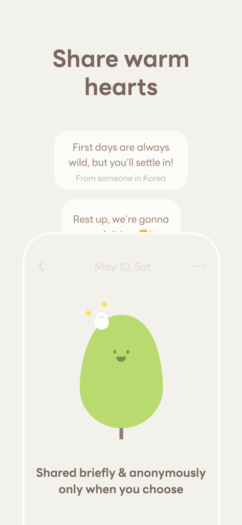 Mymory app interface showing the anonymous message sharing feature with a cute tree character and a bird.