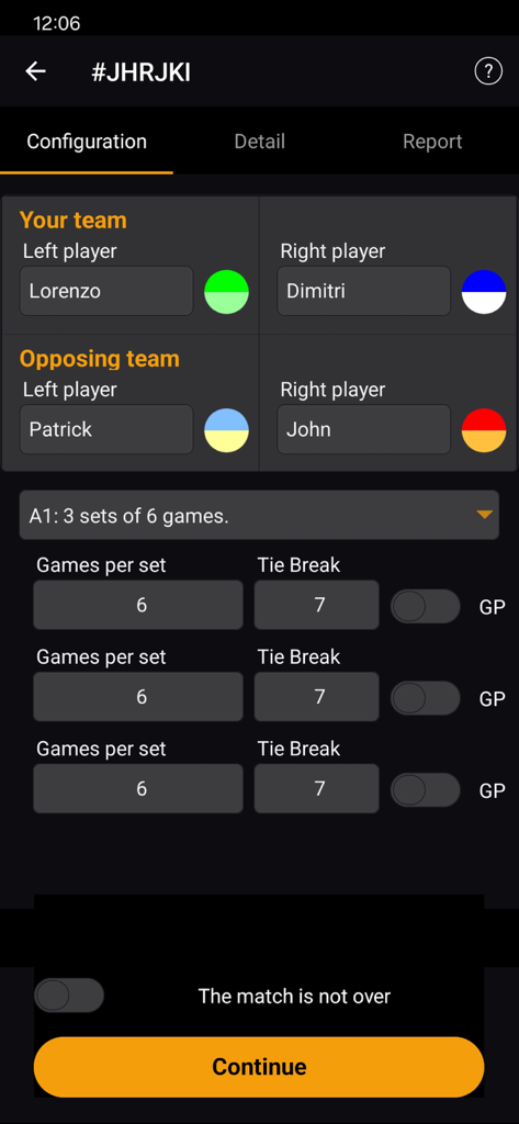 Interfaz para configurar los ajustes del partido de pádel y los nombres de los jugadores
