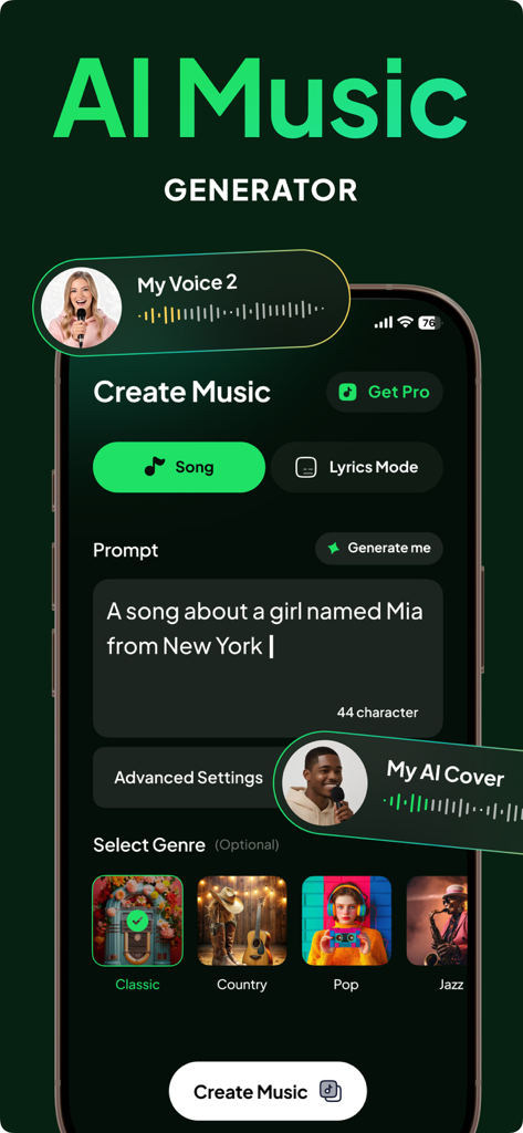Songi - AI Music & Cover Maker - Pantalla de la aplicación Songi que muestra la creación de música con IA con un prompt de texto y selección de género