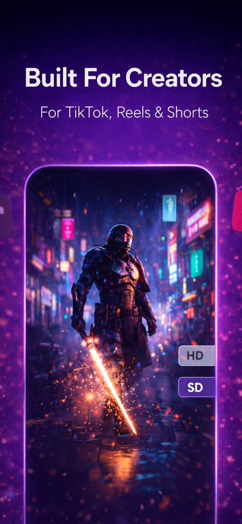 AI Video Generator & Video AI - AI video generator interface showing a cyberpunk scene and HD export options for TikTok and Reels