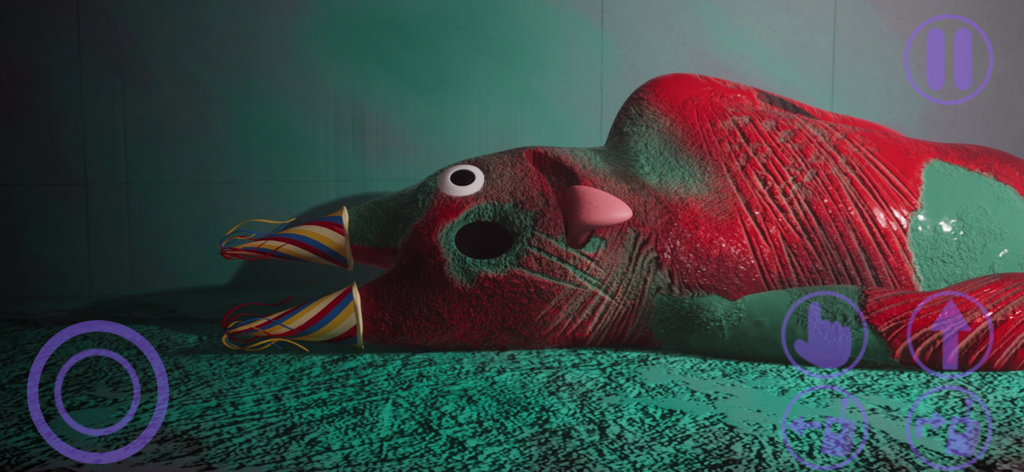 A large red mascot monster with party hats lying on a green textured floor in Garten of Banban 7